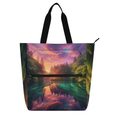 Imagem de Bolsa feminina paisagem cena do lago bolsa de trabalho lona praia livro bolsa zíper crianças lindas bolsas amantes de livros presentes
