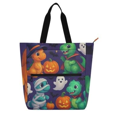Imagem de Sacolas femininas fofas de dinossauros de Halloween para trabalho, lona, faculdade, escola, bolsas, bolsas médias, presente para amantes de livros