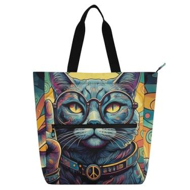 Imagem de GAIGEO Bolsa de trabalho feminina retrô misteriosa colorida de lona com zíper bolsa de praia para professores com compartimentos