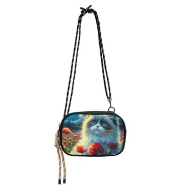 Imagem de TSENQUE Ragdoll Gato Papoula Estrelada Floral Pequena Bolsa Feminina Bolsa para Celular com Alça Feminina Bonito Sobre o Ombro Bolsas Viagem