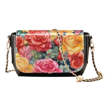 Imagem de Maçãs pretas em uma bolsa transversal de couro com padrão branco, bolsas transversais de couro para mulheres na moda, bolsa feminina de couro, Aquarela com rosas vermelhas e amarelas - 1, One Size