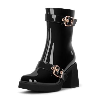 Imagem de Odetina Botas femininas de salto grosso, bico quadrado, fivela e tira no meio da panturrilha, Preto, 35