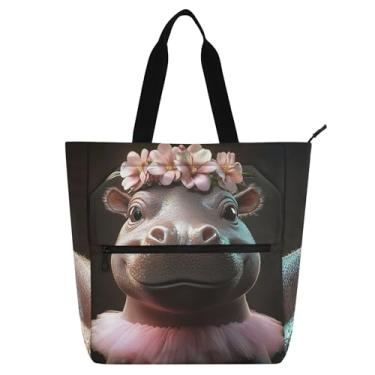 Imagem de Elegante bolsa de balé infantil com coroa de flor hipopótamo com zíper linda estampa animal bolsa de viagem para escola trabalho e viagem para meninas e mulheres
