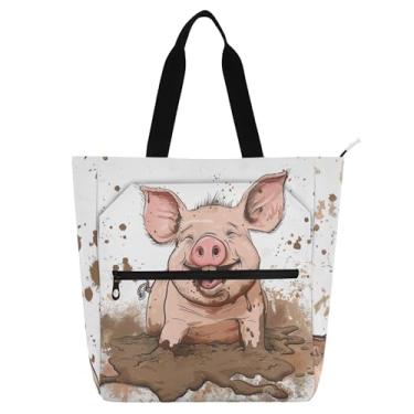 Imagem de Bolsa feminina Piggy Mud Pig para trabalho, lona, praia, livros, zíper, professores, presente para amantes de livros
