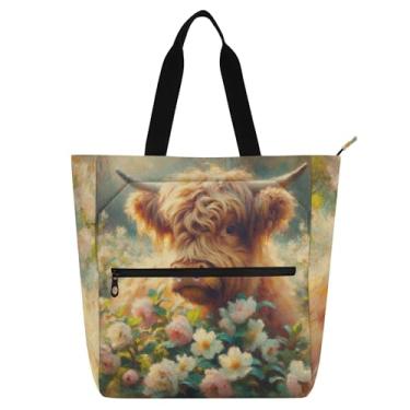 Imagem de GAIGEO Bolsa feminina Highland Calf Cow Spring Flowers Work Tote Bag de lona faculdade escola bolsas femininas bolsas infantis amantes de livros