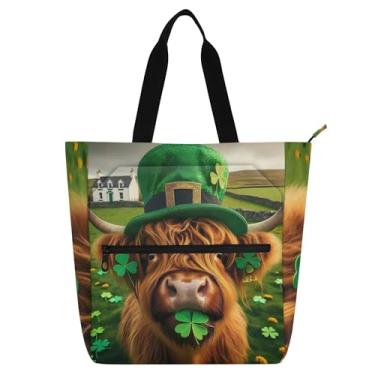 Imagem de GAIGEO Highland Cow St Patricks Bolsas femininas engraçadas para trabalho, lona, zíper, bolsa de praia, reutilizável, para amantes de livros
