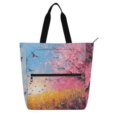 Imagem de GAIGEO Bolsa feminina Cherry Blossom Birds para trabalho, lona, praia, escola, bolsas de viagem, amantes de livros