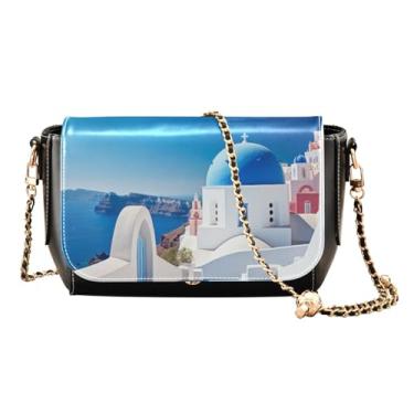 Imagem de GAIGEO Bolsa transversal de couro com flor de peônia rosa para mulheres, tamanho médio, bolsa de ombro feminina, bolsa tiracolo de couro, Parede pintada de branco e azul - 2, One Size