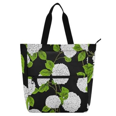 Imagem de GAIGEO Sacolas femininas pretas com flores de hortênsia branca para trabalho, faculdade, escola, bolsa de mão de professor com compartimentos