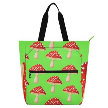 Imagem de GAIGEO Bolsa de lona com zíper de cogumelos vermelhos verde claro para crianças, mulheres, escola, trabalho, viagem, zíper