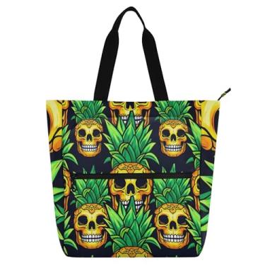 Imagem de Bolsa de trabalho feminina com caras de caveira de abacaxi, bolsa de tecido de lona, universidade, escola, utilitário, bolsas infantis, para amantes de livros, presentes