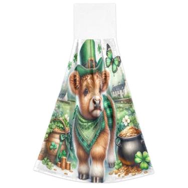 Imagem de Joitme Toalhas de mão Highland Cow St Patricks Spring com laços para pendurar toalhas de banho conjunto de 2 toalhas de cozinha de outono altamente absorventes fofas, 46 x 35 cm
