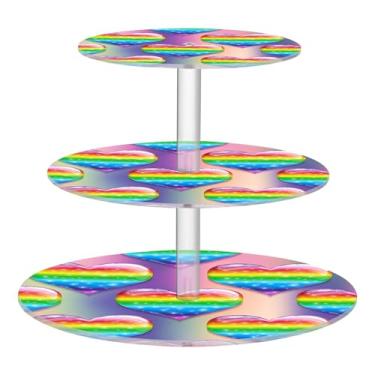 Imagem de Suporte de cupcake de 3 níveis para chá e chá de acrílico para torre de bolo, bandejas de servir para festas, sobremesas, decoração de mesa, flor, casamento, arco-íris, corações brilhantes