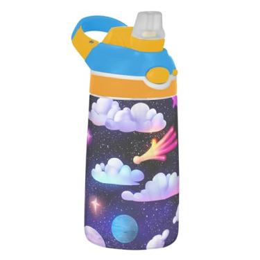 Imagem de Garrafa de água infantil colorida Cosmic Stars Space 473 ml Tritan à prova de vazamento com tampa de canudo 473 ml Copos de viagem infantis portáteis reutilizáveis, alça de transporte