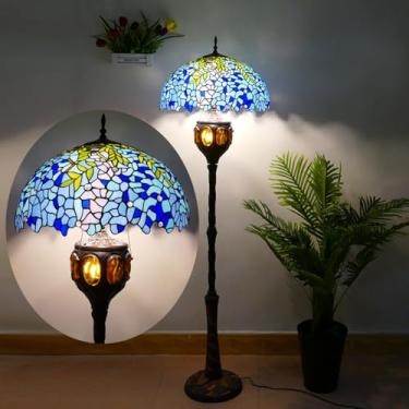 Imagem de Luminária de chão estilo Tiffany com vitral, 45,7 x 45,7 x 170,2 cm (18 x 18 x 67 polegadas), estilo antigo, para canto, decoração de quarto, sala de estar, escritório em casa, cor glicínia.