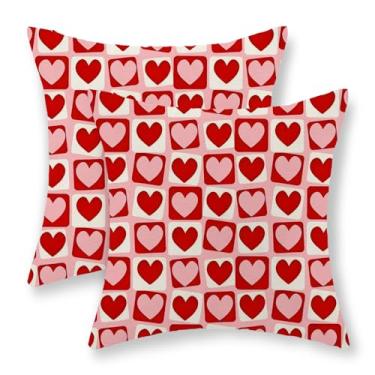 Imagem de JEFERSO Conjunto de 2 capas de almofada para o dia dos namorados 45,7 x 45,7 cm, rosa, vermelho, coração, xadrez, dia dos namorados, para aniversário de casamento, fronhas quadriculadas de linho para
