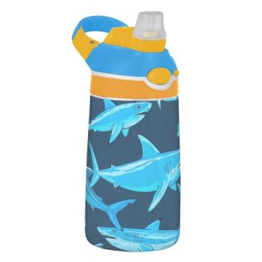 Imagem de Sharks Garrafa de água animal azul escuro infantil 473 ml Tritan à prova de vazamento garrafa de água esportiva com tampa de canudo 473 ml copo de viagem infantil portátil reutilizável, alça de