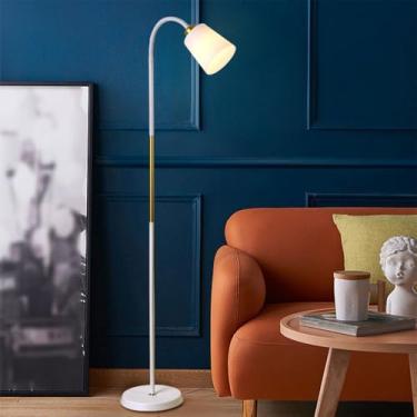 Imagem de Luminária de chão minimalista nórdica, moderna e vertical, com cabeça ajustável em 360°, preta e branca. Ideal para leitura e decoração de interiores de salas de estar.