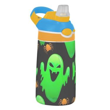 Imagem de Garrafa de água infantil divertida de Halloween Green Ghosts para escola, 473 ml, 473 ml, garrafa de água esportiva Tritan com canudo, copo de viagem portátil reutilizável para crianças, alça de