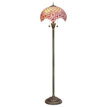 Imagem de Luminária de chão para casa, estilo Tiffany com vitral, 2 lâmpadas, 40x40x162 cm, estilo vitoriano antigo, industrial, com base em resina bronze, decoração com flor de cerejeira.