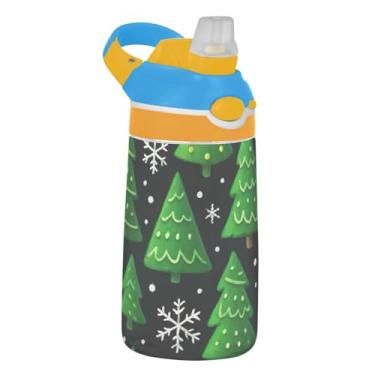 Imagem de Garrafa de água preta Christmas Green Trees para crianças com canudo 473 ml 473 ml Garrafa de água esportiva Tritan à prova de vazamento, copo de viagem infantil portátil, reutilizável, alça de