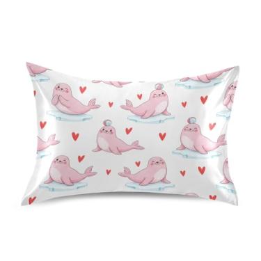 Imagem de Wassud Capa de almofada de cetim para cabelo e pele Seal with Balls Dia dos Namorados Capas de almofada respiráveis tamanho queen com fecho de envelope