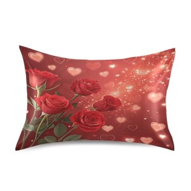 Imagem de Blueangle Fronha de cetim refrescante para cabelo e pele, capa de travesseiro de rosas do dia dos namorados, tamanho padrão 50,8 x 66 cm com fecho de envelope (550)