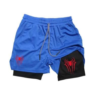 Imagem de Shorts Esportivos Masculinos Com Estampa De Aranha, Compressão 2 Em 1,