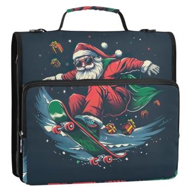 Imagem de Organizador de fichário com zíper, Papai Noel, skate, 3 anéis, bolsa básica para fichário escolar com alça de ombro, suporte para 500 folhas