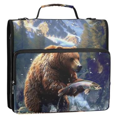 Imagem de Bear Fish River Print 3 cm Fichários de 3 anéis resistentes com zíper organizador de fichários escolares bolsa com alça de ombro portfólio e estojo suporte de pasta de anel