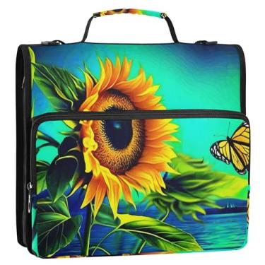 Imagem de Girassol Retratado Borboleta Lago 3 Fichários de Anel D 1,5 Polegada Organizador de Fichários Escolares Bolsa com Alça de Ombro Tecido Portfólio e Estojo Suporte de Pasta de Anel