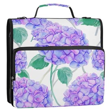 Imagem de 3 fichários de 3,8 cm, anel D de 3,8 cm, flores de hortênsia, roxo, azul, fichário com zíper, bolsa escolar com alça de ombro, portfólio de negócios e estojo para pasta de anel
