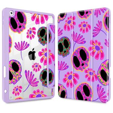 Imagem de Mektron Capa impressa para iPad de 10,2 polegadas 2021/2020/2019, para iPad 9ª/8ª/10ª geração, porta-lápis com capa à prova de choque transparente + suporte de três dobras, caveira e flores roxas
