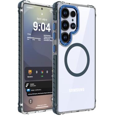 Imagem de DEERLAMN Capa magnética forte para Samsung Galaxy S25 Ultra de 6,9 polegadas, [compatível com Magsafe] Capa protetora transparente e fina à prova de choque, transparente + azul
