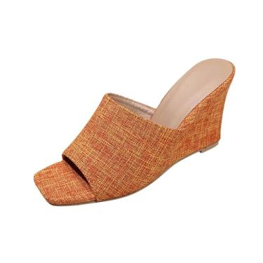 Imagem de Chinelos femininos de verão com boca de peixe salto cunha estilo casual com bico redondo para conforto ao ar livre e interno, Laranja, 35