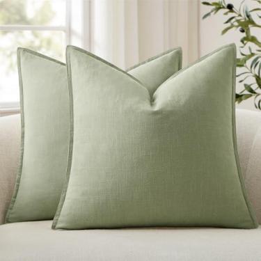 Imagem de ANRODUO Pacote com 2 fronhas decorativas de linho semeadura verde Euro Sham Neutral Farmhouse Boho Soild Fronha de almofada macia para sofá, quarto, sala de estar, decoração de casa 55 x 55 cm