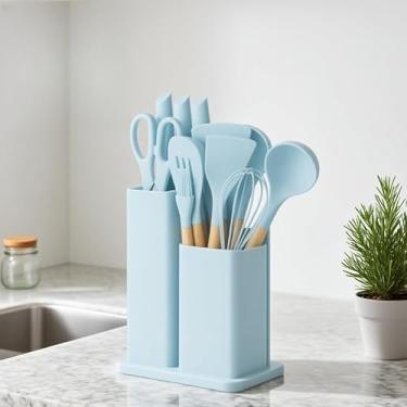 Imagem de Kit 12 Ou 19 Conjunto De Utensílios Silicone Cozinha Colher Escumadeira Concha Escumadeiras Pote(Kit 19 Azul)