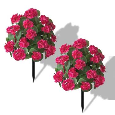 Imagem de Conjunto de 2 topiárias artificiais para uso ao ar livre com flor de begônia, árvore de bola de buxo de topiária falsa com espigão no chão, arbustos falsos, arbustos, planta perene para jardim interno