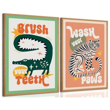 Imagem de 2 peças emolduradas engraçadas tela animal arte de parede tigre lavar suas patas pôster arte arte funky maximalista pintura decoração de parede para apartamento sala de estar banheiro decoração de