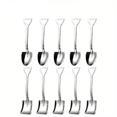 Imagem de Conjunto de 10 colheres de sobremesa de aço inoxidável - Colheres de chá elegantes em forma de pá para café, sorvete, frutas, talheres de cozinha
