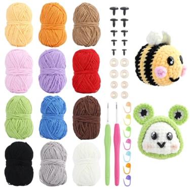 Imagem de PH PandaHall Kit de fio de veludo de 12 cores para crochê com 100 conjuntos de fios de tricô de lã de olho de segurança com 14 peças de marcadores de ponto de crochê para animais de pelúcia Amigurumi