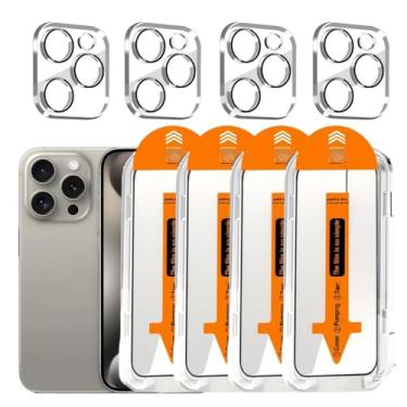 Imagem de Pacote com 4 protetores de tela para iPhone 15 Pro Max [6,7 polegadas] com 4 protetores de lente de câmera, dureza 9H + 3,5 m, grau militar, à prova de estilhaçamento, resistente a arranhões, película