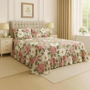 Imagem de Kit Lençol Queen 3 Peças Micropercal Toque de Algodão com Babado e Fronhas Premium (Verde claro- Flor Branco/Rosa)