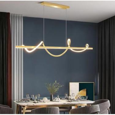 Imagem de Lustre LED para mesa de jantar, com regulagem infinita de intensidade, ideal para bar. Lustre LED moderno para escritório aconchegante, restaurante e muito mais (B: Dourado, 120cm)