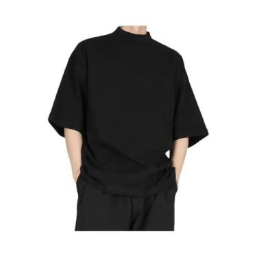 Imagem de Camisa de manga curta solta masculina meia gola alta, blusa casual, ca