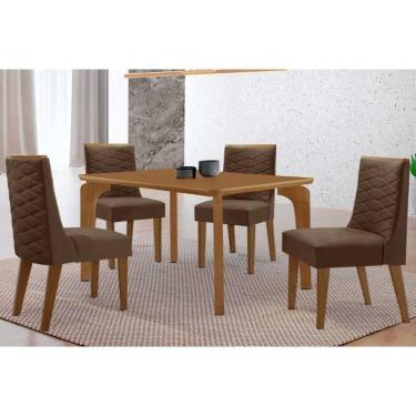 Imagem de Sala Jantar Mesa Londrina Tampo Curvo 120cm+4 Cadeiras Dafne Madeira Naturale - Capuccino/Suede Marrom - Rufato