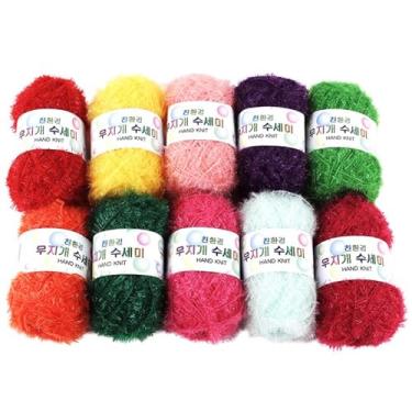 Imagem de DEAD SKIN Conjunto de fios de tricô e crochê arco-íris – novelos de poliéster brilhante de 10 cores para artesanato e panos de prato faça você mesmo, macio, leve, 40-45 g cada