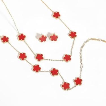 Imagem de CONJUNTO DE TRÊS PEÇAS DE COLAR, PULSEIRA E BRINCOS DE TREVO DE QUATRO FOLHAS (VERMELHO) PARA TODAS AS OCASIÕES PRESENTE PARA IRMÃS, AMIGAS, NAMORADA PRESENTE PARA MÃE