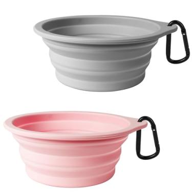 Imagem de PetBonus Pacote com 2 tigelas dobráveis de silicone para cães, livre de BPA, lavável na lava-louças, tigela portátil dobrável expansível para viagem, copo de alimentação para alimentos e água para