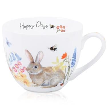 Imagem de Caneca de abraço de café de coelho de 590 ml, flores da primavera e slogan "Happy Days", projetada para espalhar alegria, osso premium na China, presente perfeito de férias e aniversário para mulheres